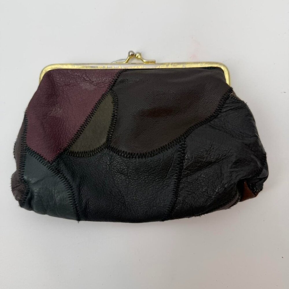 Vintage Genuine Leather Patchwork Purse Kiss Lock Coin Pouch Multi Color Boho 8"